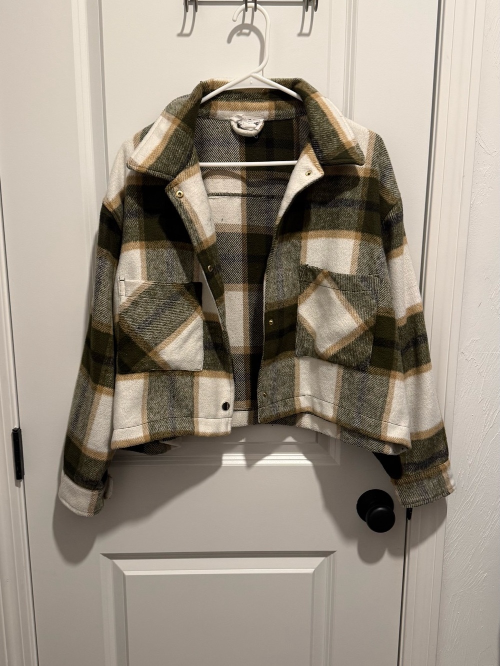 For The Republic - L Olive Green and Tan Plaid Cropped Jacket